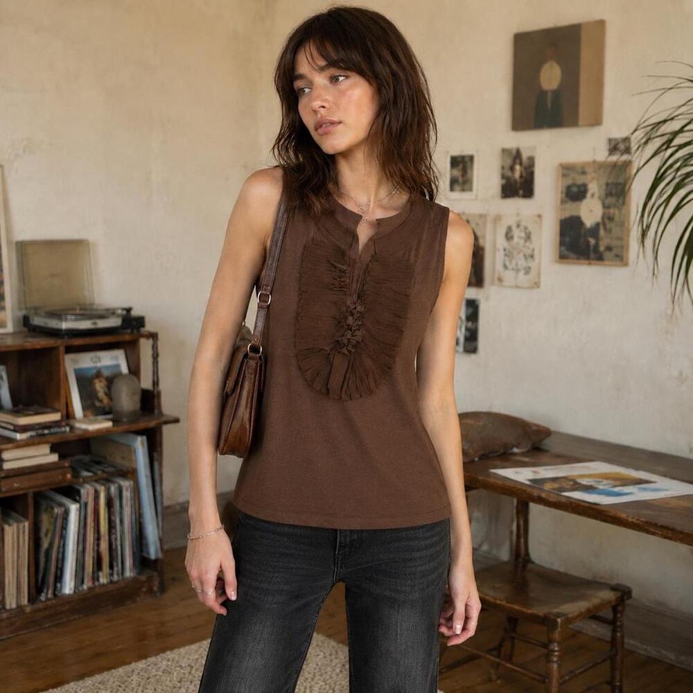 Haute Star Brown Pleated Ruffle Bib Sleeveless Y2K Top L